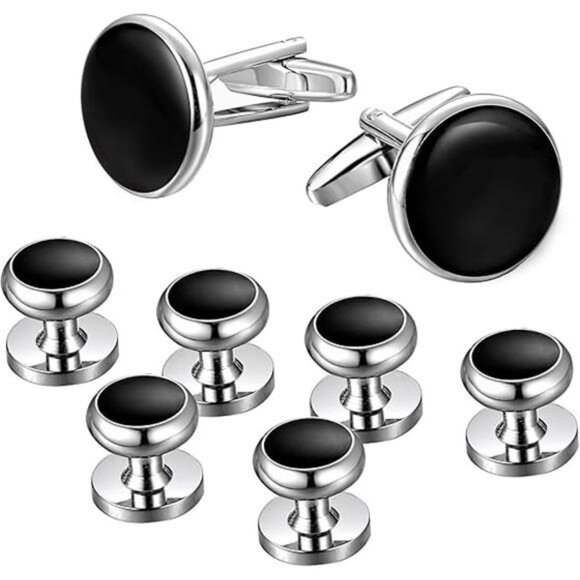 Mens Cufflinks & Studs Set Tuxedo Shirts Classic Black&Silver Match for Business - Picture 8 of 8